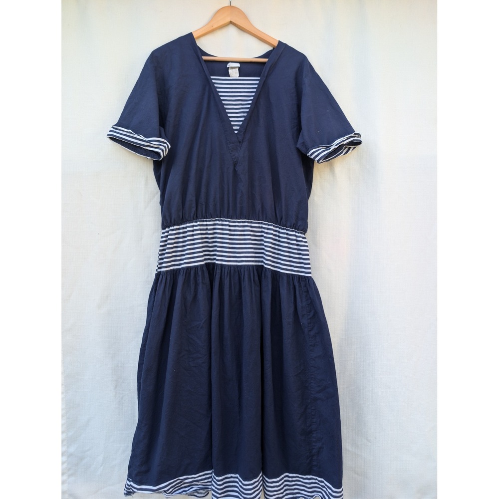 Miss Oops V Neck Dress Womens 18 Navy Cotton Vtg Nautical Coastal Grand Sailor